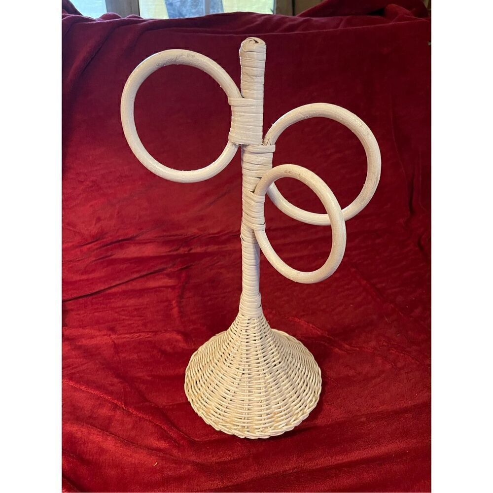 Vintage White Wicker Rattan 3 Towel Stand Holder